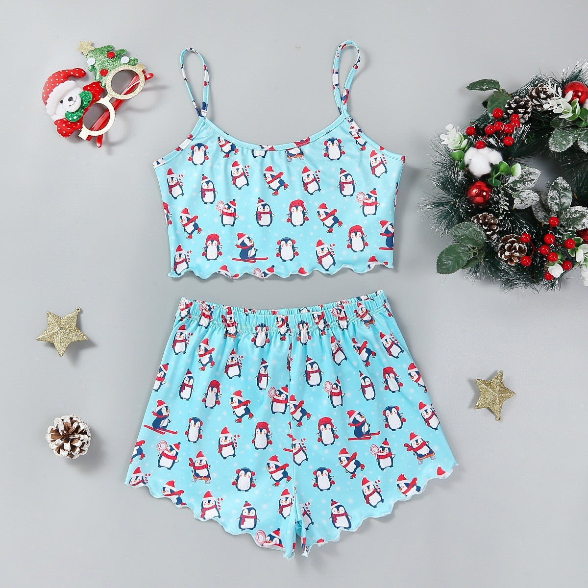 Women's Adorable Two Piece Christmas Pajama Crop Top and Shorts Set-Christmas Penguin-Theone Apparel