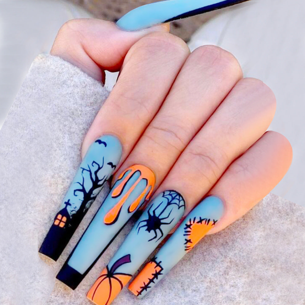 Women's Long Halloween Themed Coffin Nail Set in Blue and Orange-Funny spider-Theone Apparel