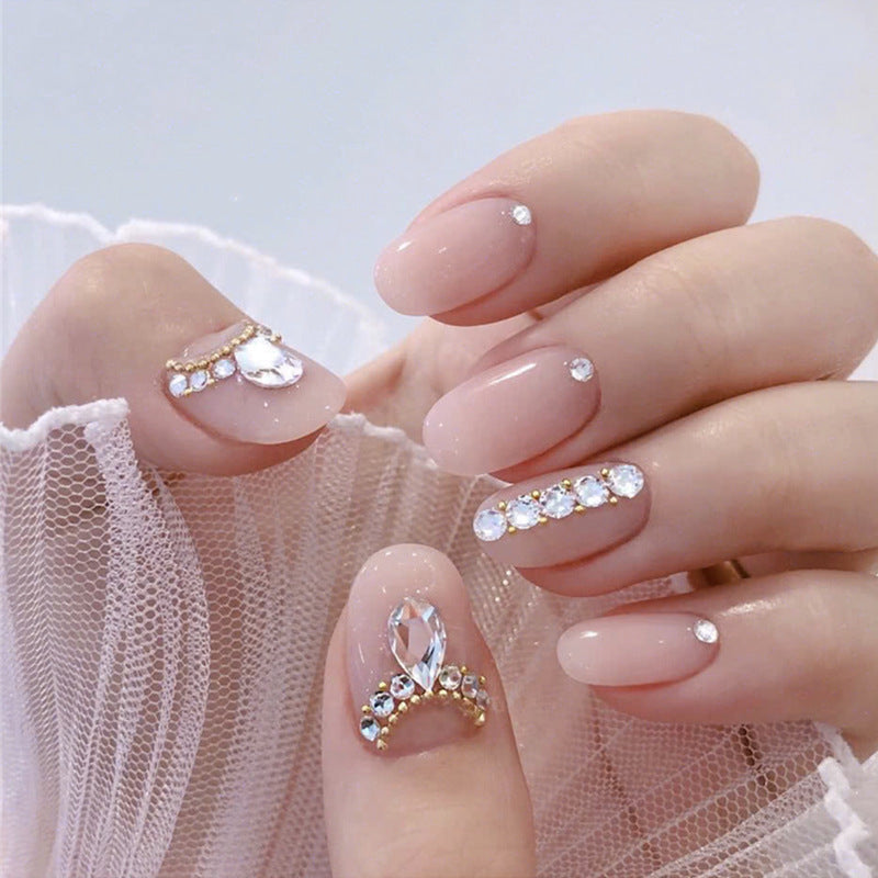 Women's Nude Pink Short Almond Shaped False Nails with Jewel Adornments-XF1480-Theone Apparel