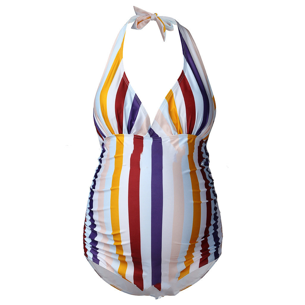 Women's One Piece Maternity Swimsuit with Multicolor Stripes-Theone Apparel