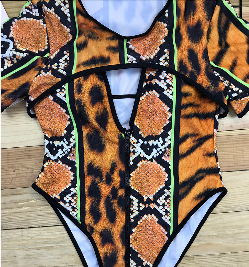 Women's One Piece Mixed Animal Print Short Sleeve Swimsuit-Theone Apparel