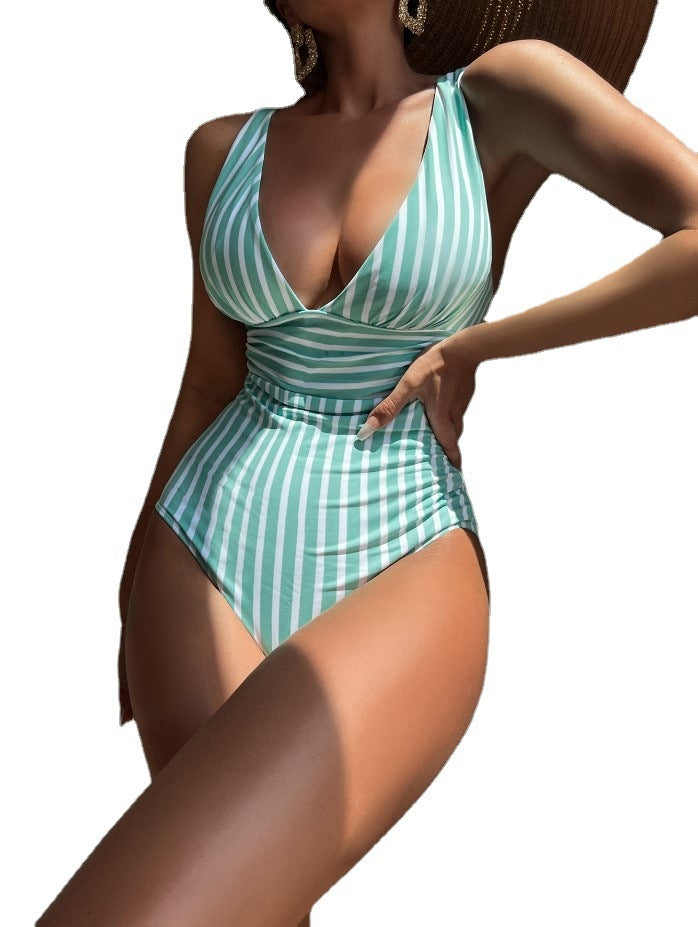Women's One Piece Pinstripe Swimsuit with Low Cut Neck-Theone Apparel