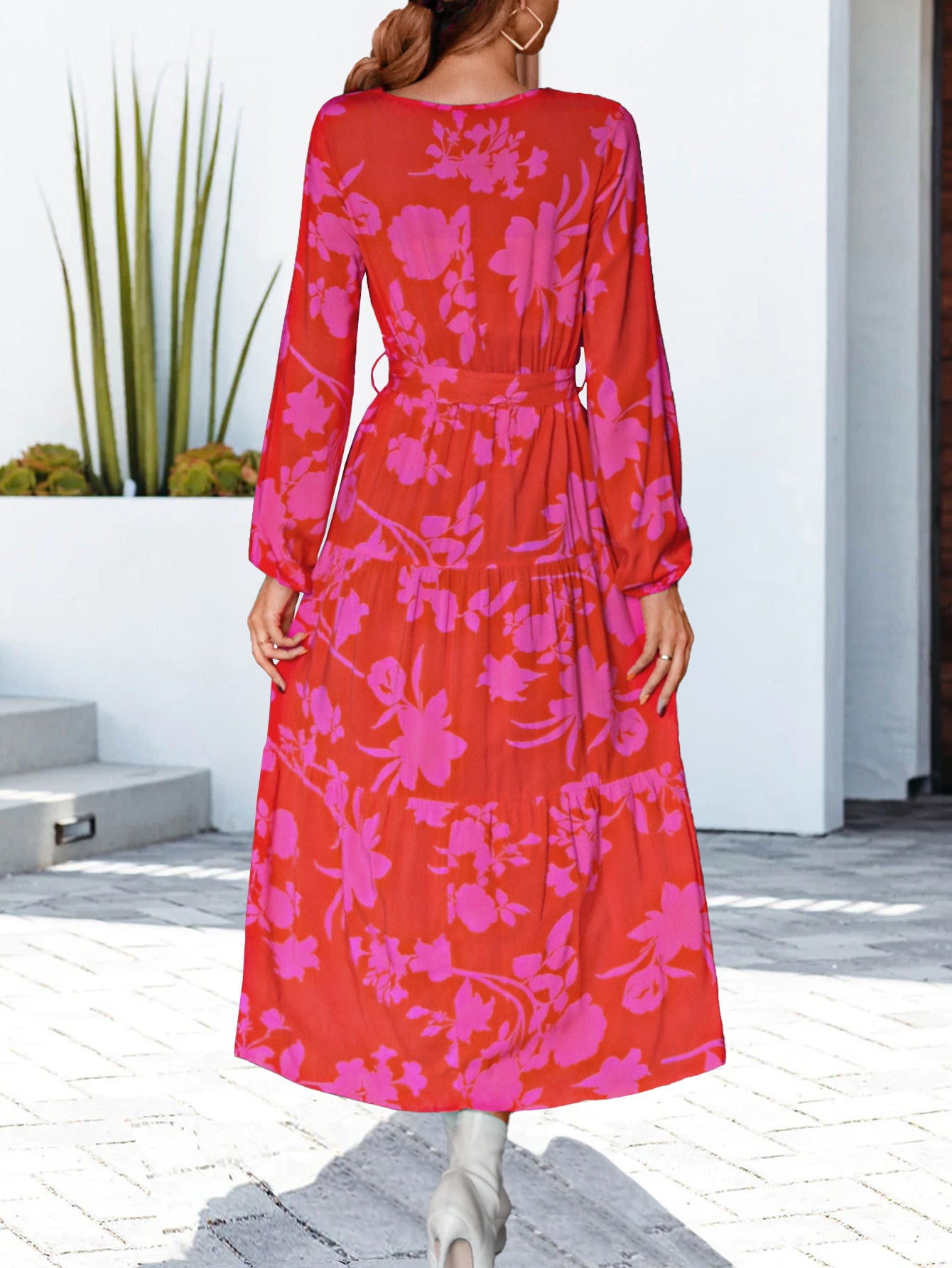 Women's Red and Pink Midi Wrap Dress with Long Sleeves-Theone Apparel