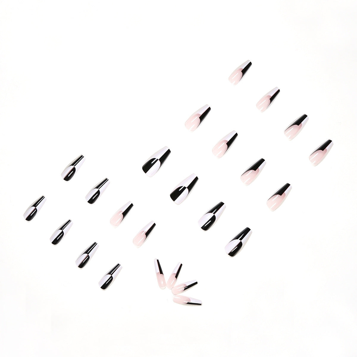 Women's Retro Long Square Black and White Asymmetrical False Nail Set-Theone Apparel