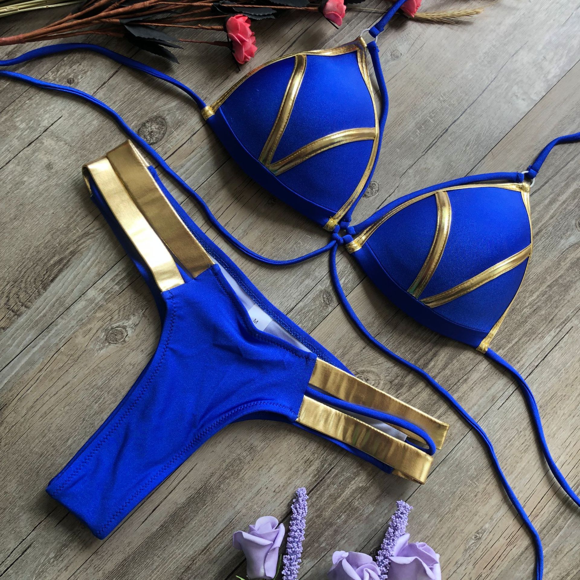 Women's Two Piece Strappy Bikini with Waist Ties-Blue-Theone Apparel