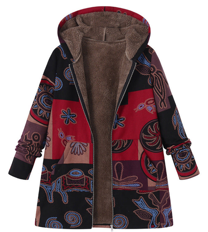Retro Warm Printed Pocket Thick Zippered Hooded Coat
