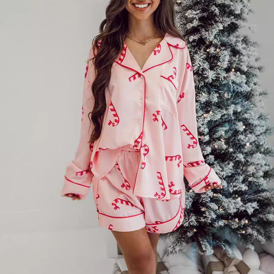 Dames snoepriet tweedelig kerstpyjama in roze en groen