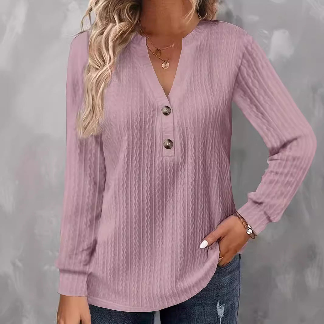 Women's Solid-color Long-sleeve V-neck Button T-shirt Top