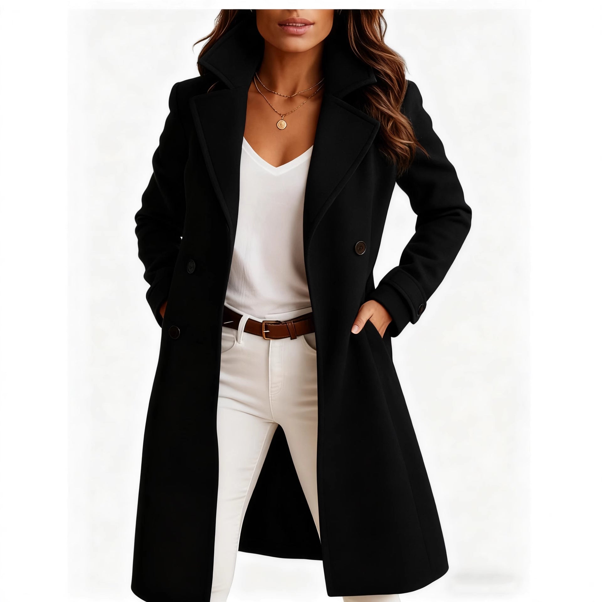Single-breasted Mid-length Coat With Pockets Fashion Elegant Lapel Jacket Casual Long-sleeved Top Outwear Women's Clothing
