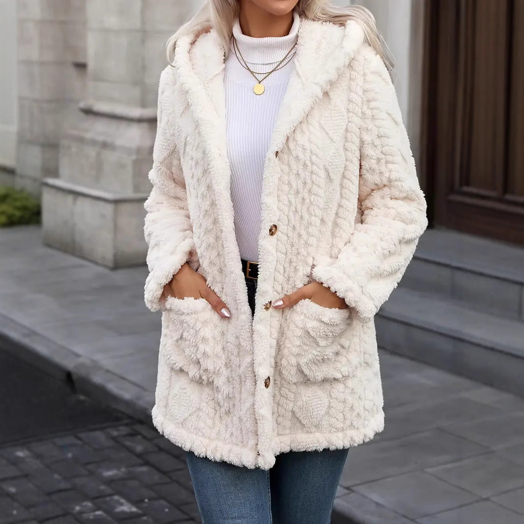 Beige Faux-Fur Lapel Coat For Women Elegant