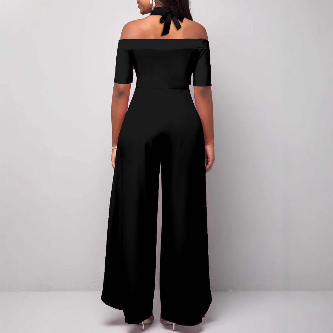 European And American Women's Fashion Short-sleeve Off-shoulder Solid-color Jumpsuit