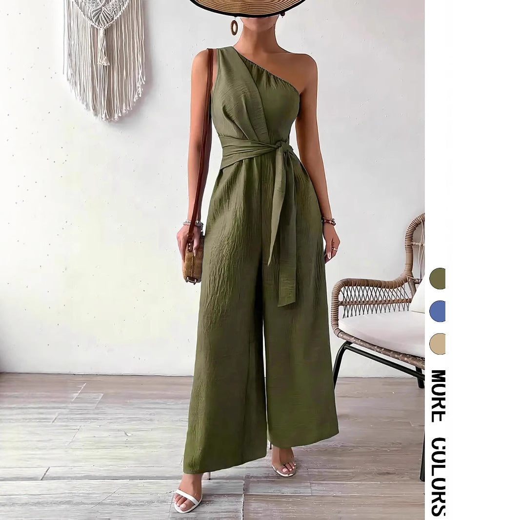Women's Casual Wide-leg Jumpsuit With Shoulder Strap And Waist Tie