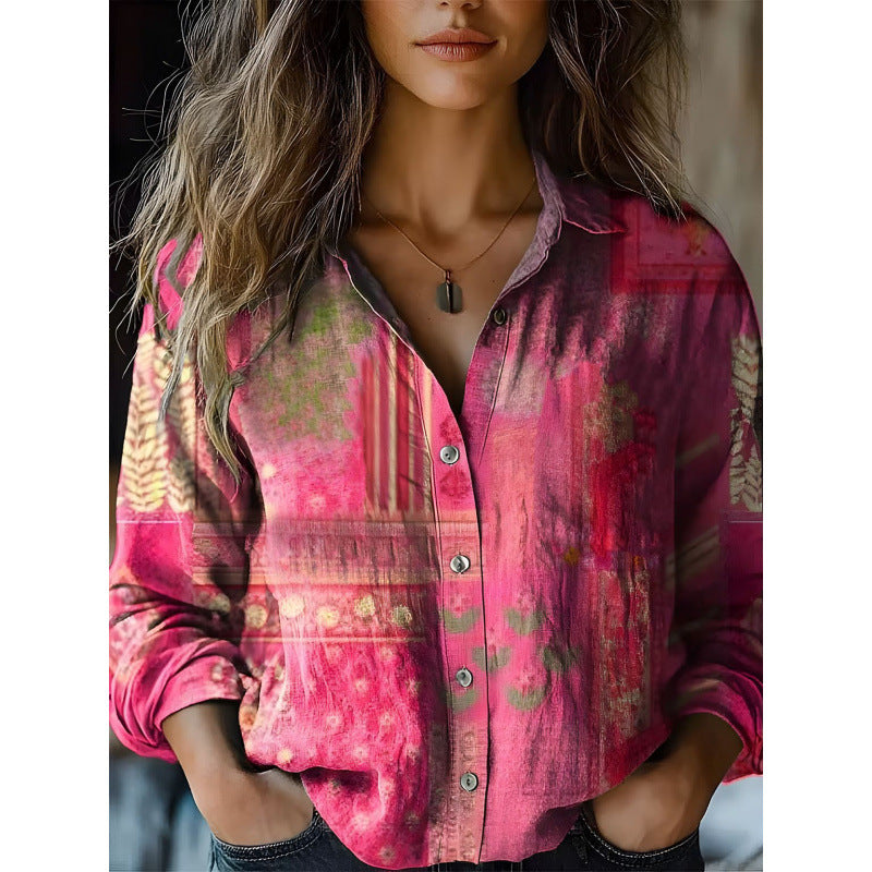 Retro Print Long Sleeve Casual Shirt