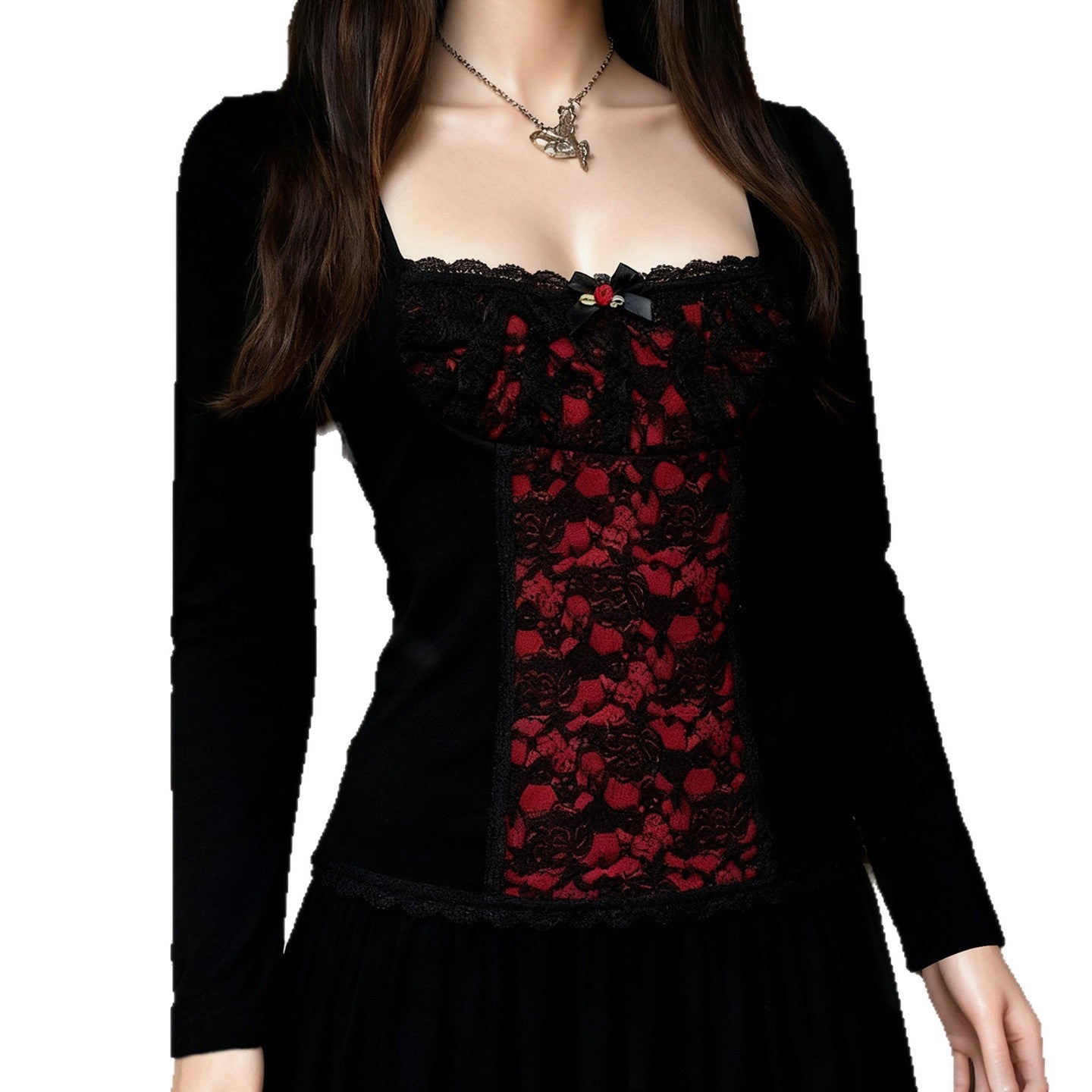 Lace-embellished Long-sleeve Blouse With Ruffled Trim
