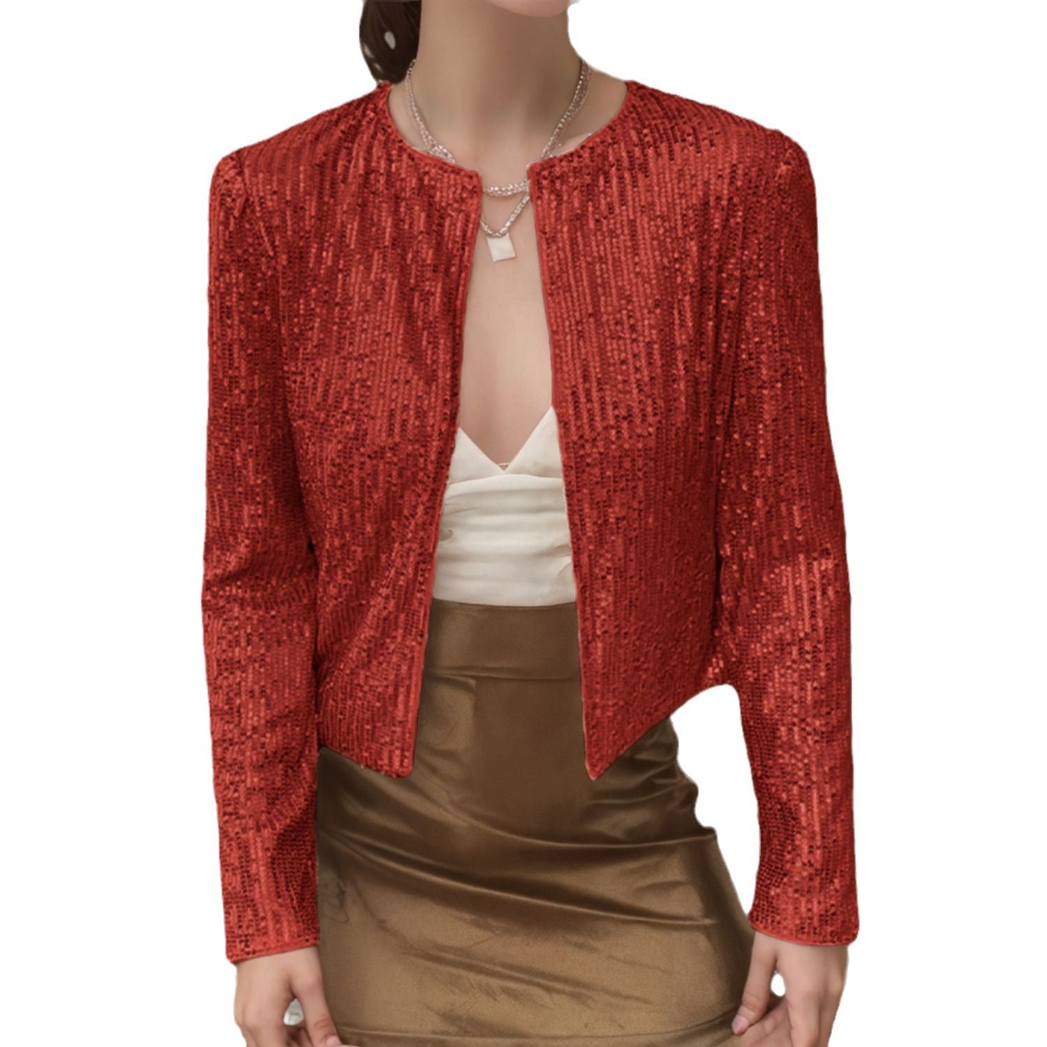 Crew-neck Long-sleeve Solid-color Cardigan Casual Sequin Jacket