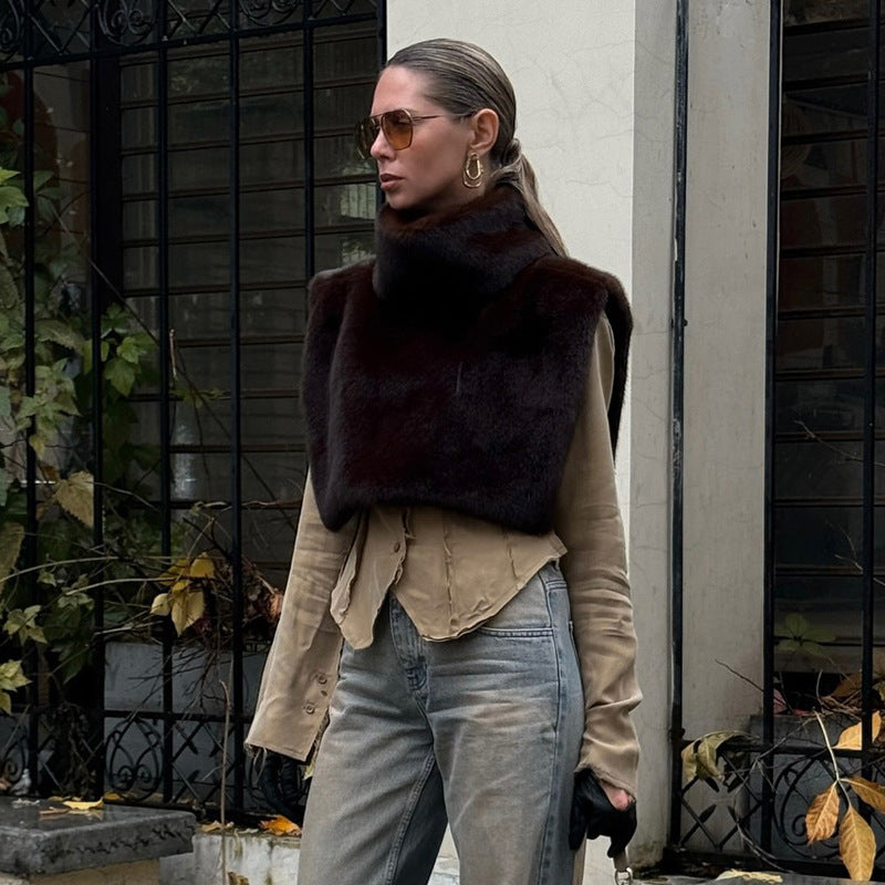 New Solid Color Half Turtleneck Sleeveless Fur Vest For Women