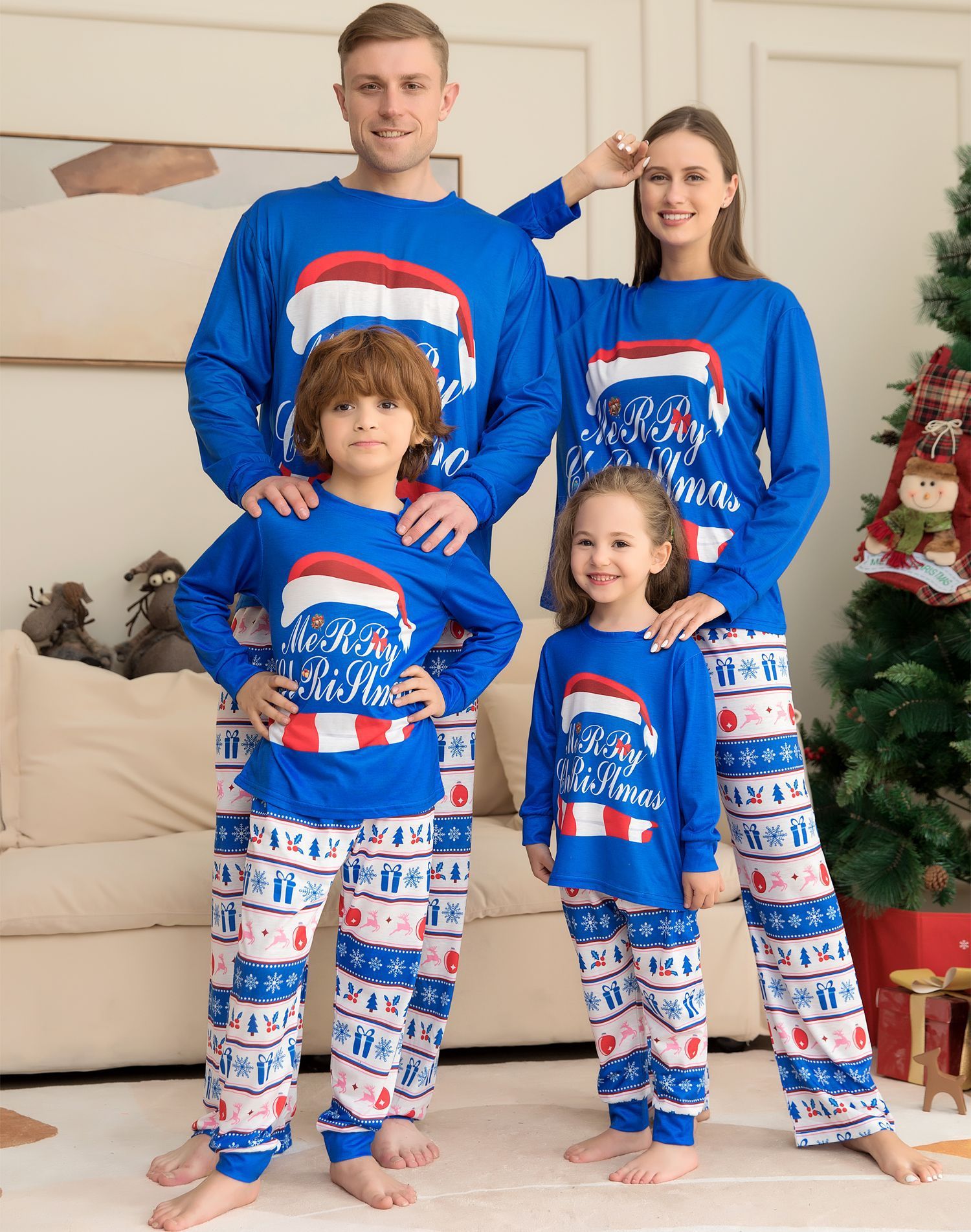 Blue and White Merry Christmas Matching Family Pajama Set