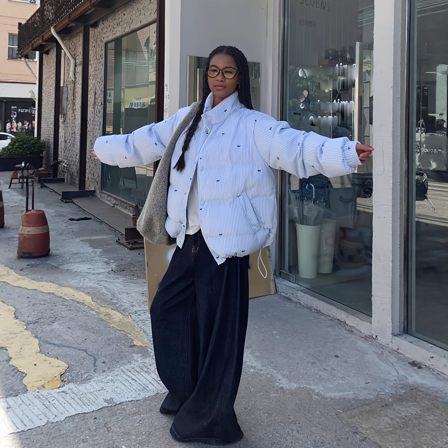 Striped Bow Coat Women's Thick Warm Long Sleeve