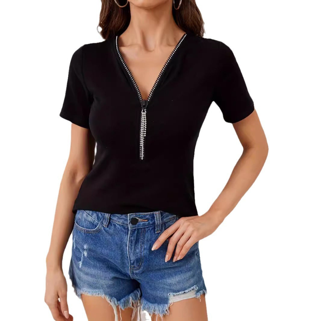 V-neck Rhinestone Pendant Zip-up Solid-color Short-sleeve T-shirt Figure-flattering Top
