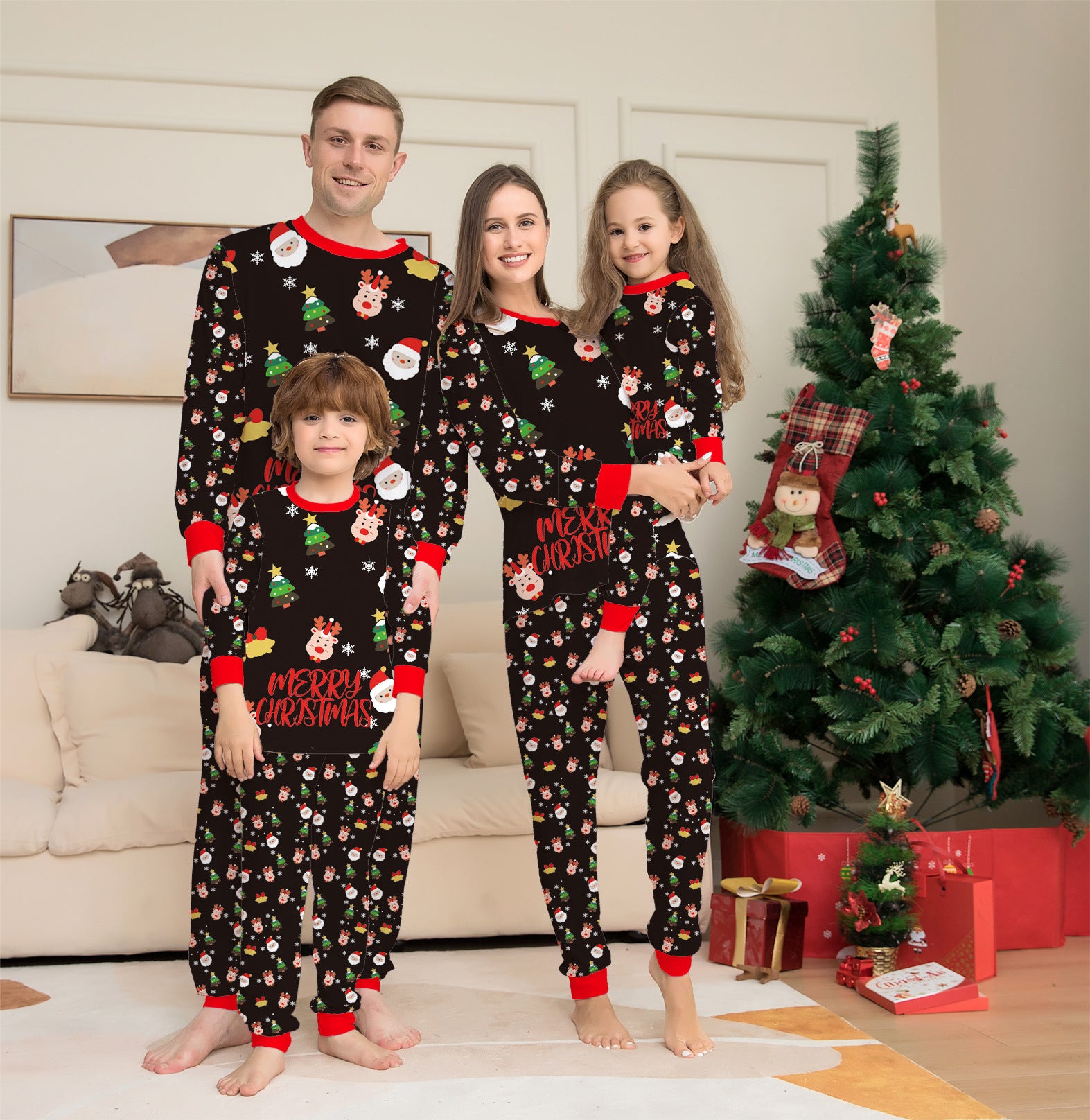 Schattige vrolijk kerstfeest rood en zwart bijpassende familie pyjama set