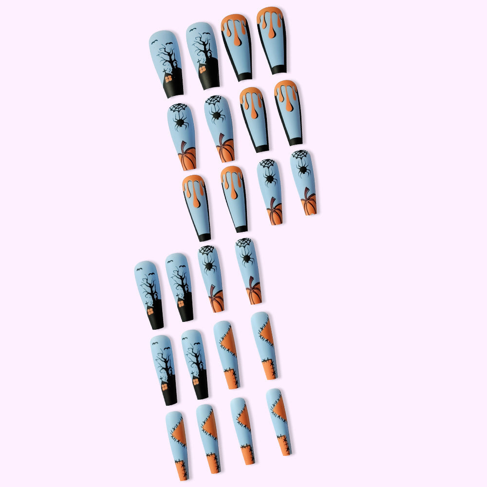 Women's Long Halloween Themed Coffin Nail Set in Blue and Orange