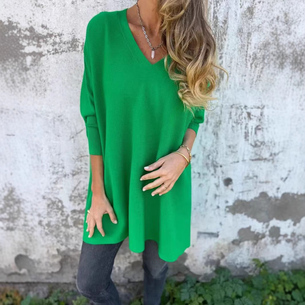 Autumn Winter Knitted V Neck Long Sleeve Loose Top For Women