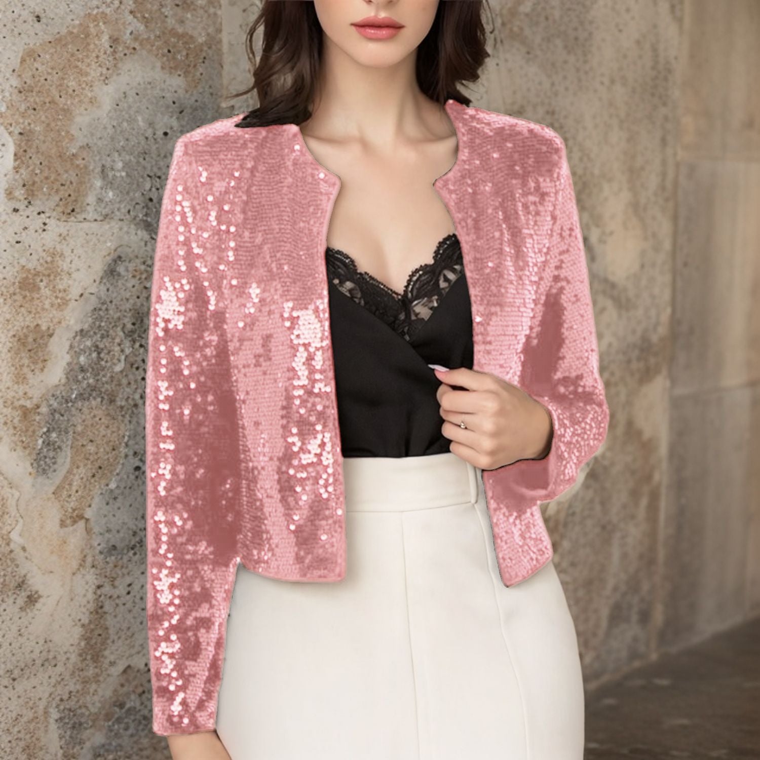 Crew-neck Long-sleeve Solid-color Cardigan Casual Sequin Jacket