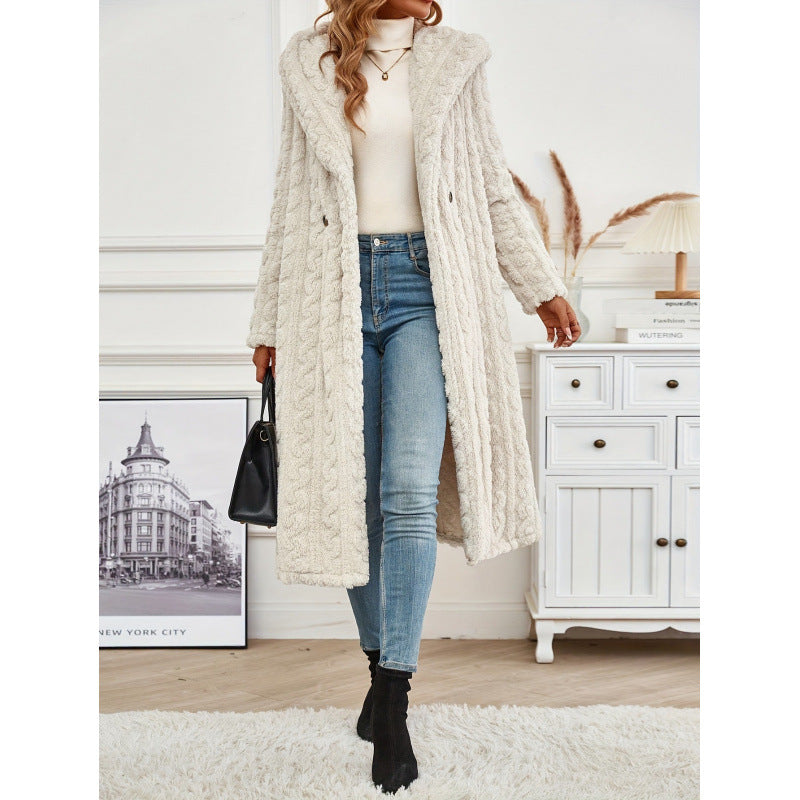 Fashion Long Solid Color Long Sleeve Hooded Wool Women's Coat
