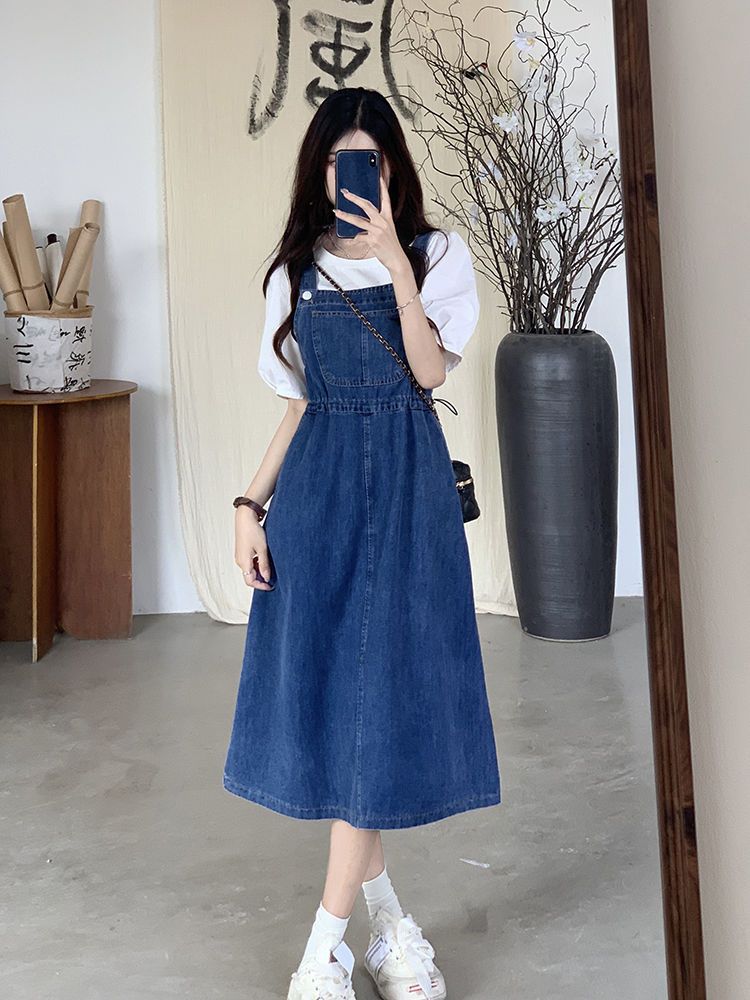 Mid Length Denim Overall Dress With Adjustable Straps For Summer
