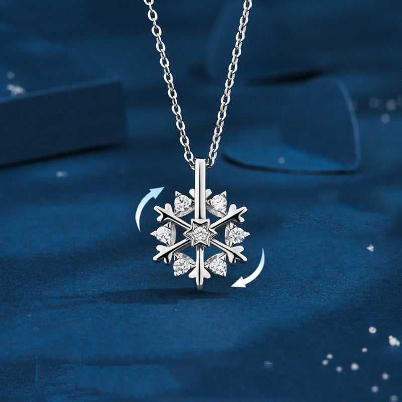 925 SIlver Glamorous Rhinestone Spinning Snowflake Women's Chain Pendant Necklace in Assorted Finishes