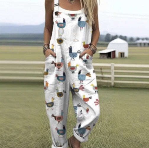 Women's Summer Digital Printing Button Casual Suspender Trousers