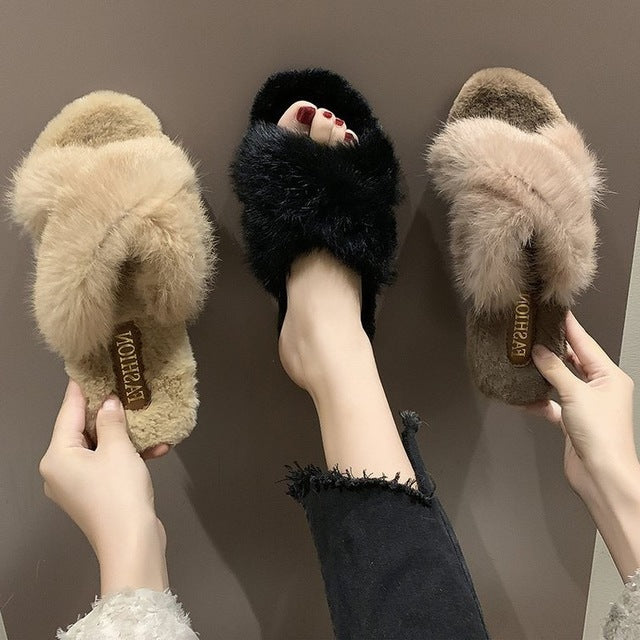 Fuzzy Fur Crisscross Slipper Shoes