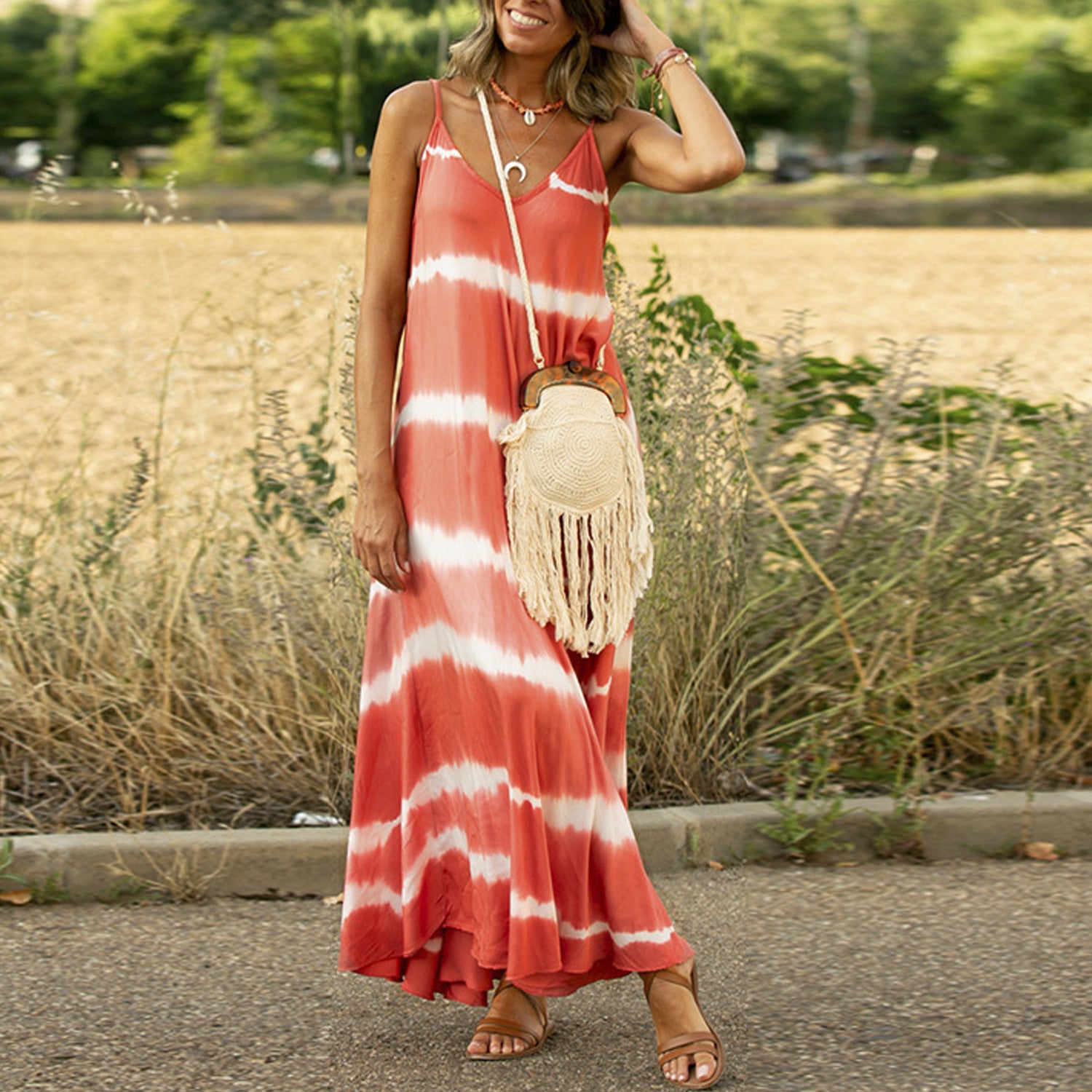 Spaghetti-band V-hals losbandige tie-dye maxi rok