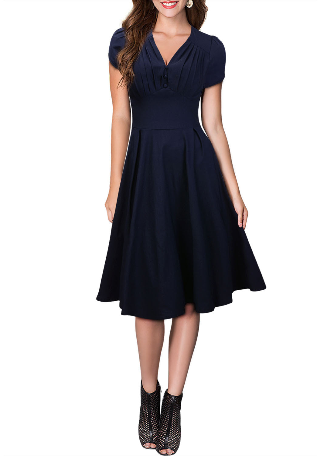 Pleated Button Bodice Cap-Sleeve Dress