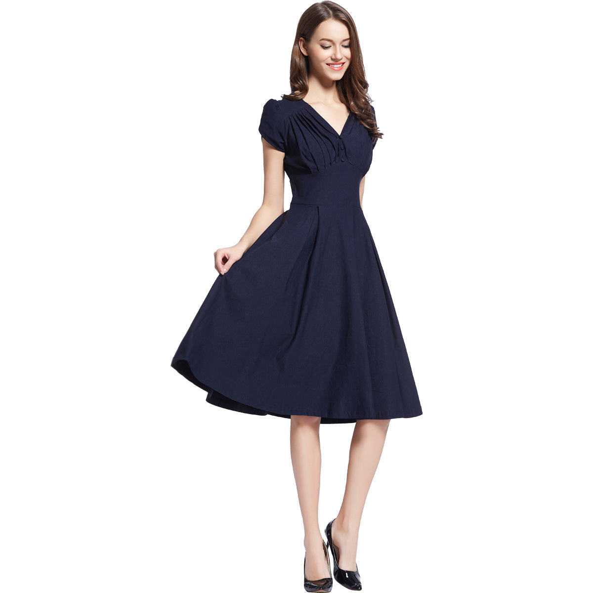 Pleated Button Bodice Cap-Sleeve Dress