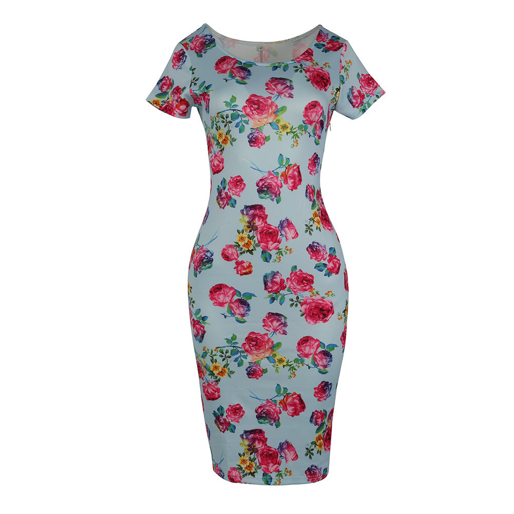 Romantic Floral Short-Sleeve Sheath Dress