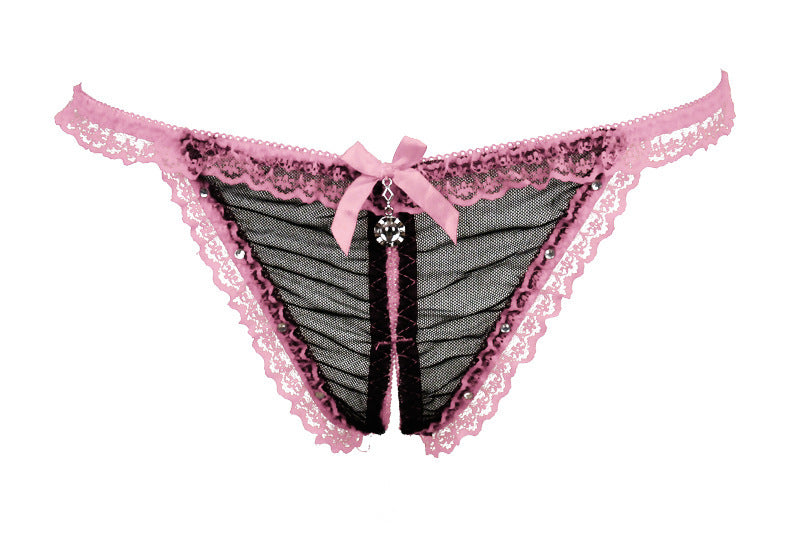 Lace and Mesh Cutout Front Jeweled Thongs