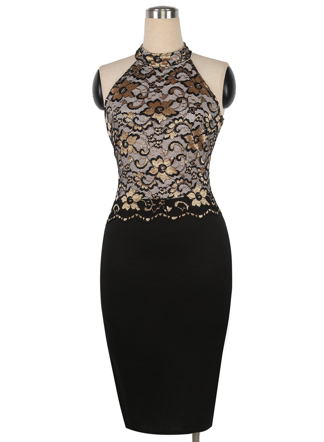 Lace Bodice Fitted Halter Dress