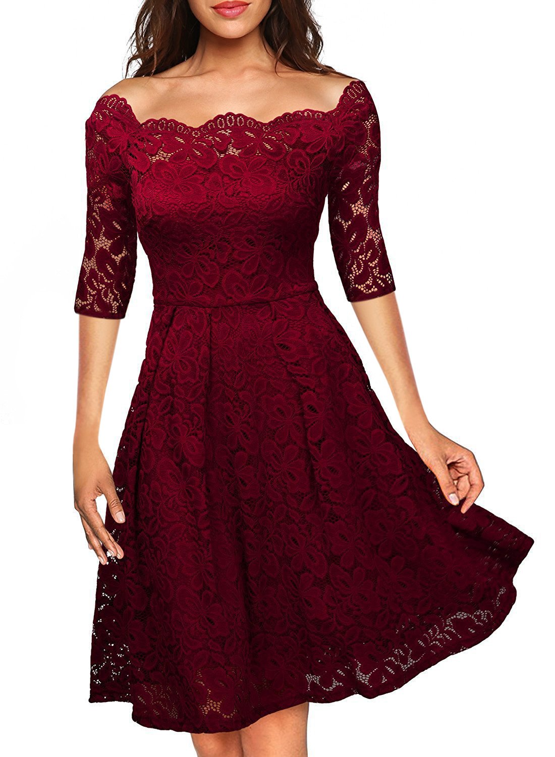 Off-Shoulder-Kleid mit floralem Spitzenüberzug