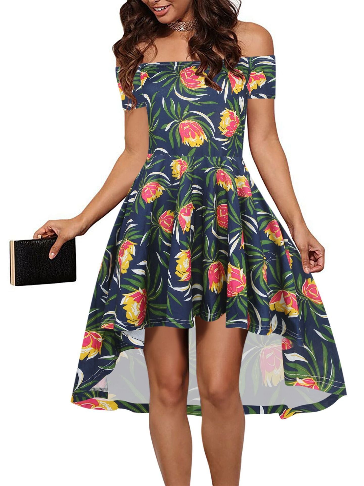 Floral Off-Shoulder High-Low Hem Dress