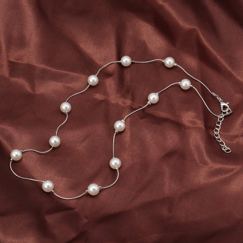 Spaced Pearl Silver Chain Necklace