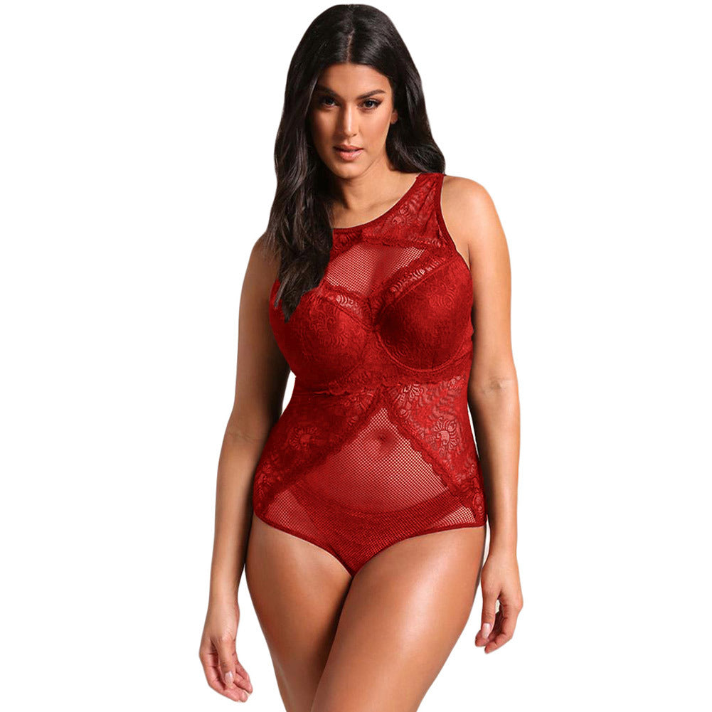 Plus Size Mesh & Lace Teddy Romper