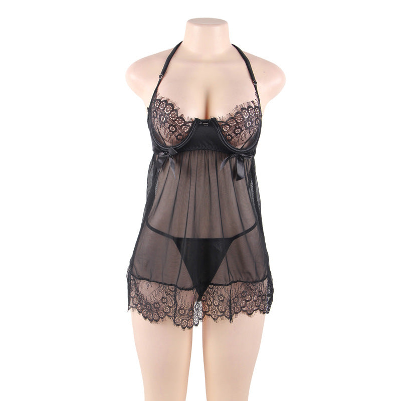 Plus Size Sheer Lace Babydoll Mini Dress