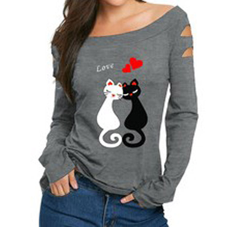 Cutout Sleeve Scoop Neck Cat Tee