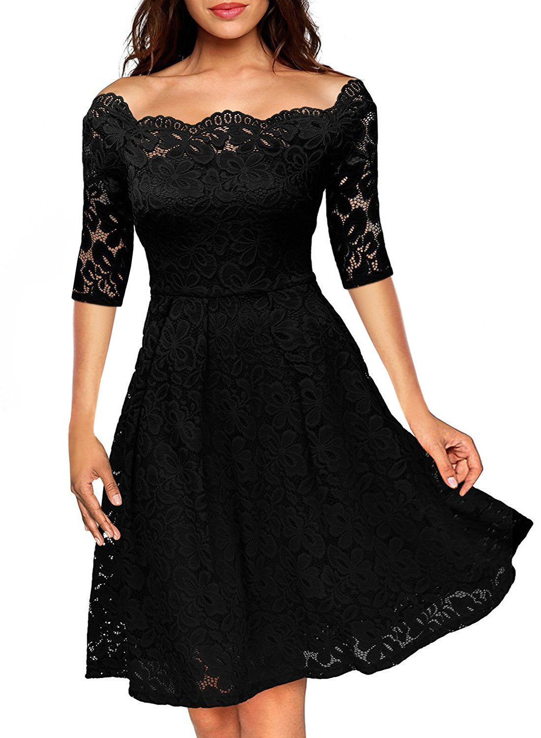 Off-Shoulder-Kleid mit floralem Spitzenüberzug