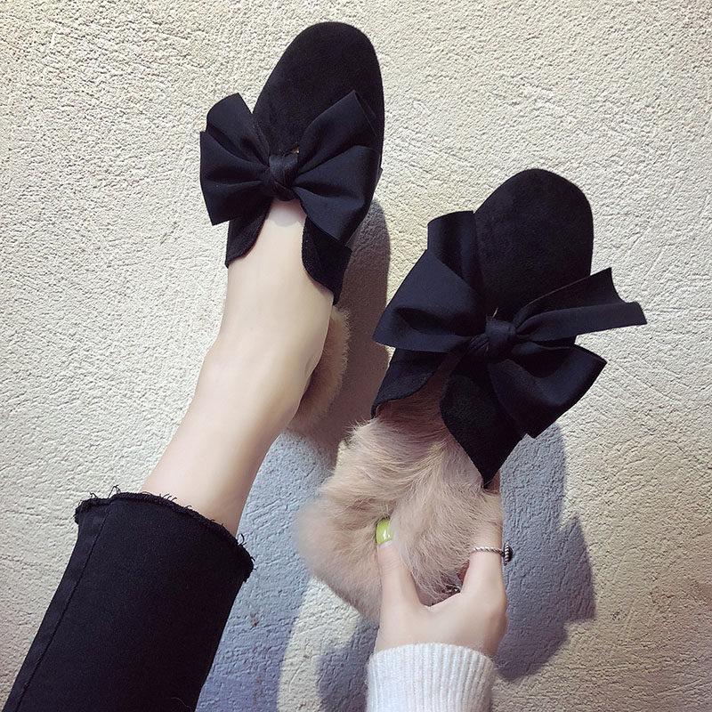 Fur Trim Floppy Bow Slippers