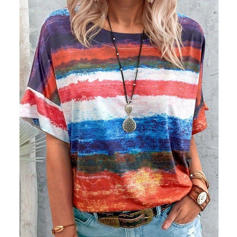 Bohemian Striped Watercolor Style Short Sleeved Tee - THEONE APPAREL