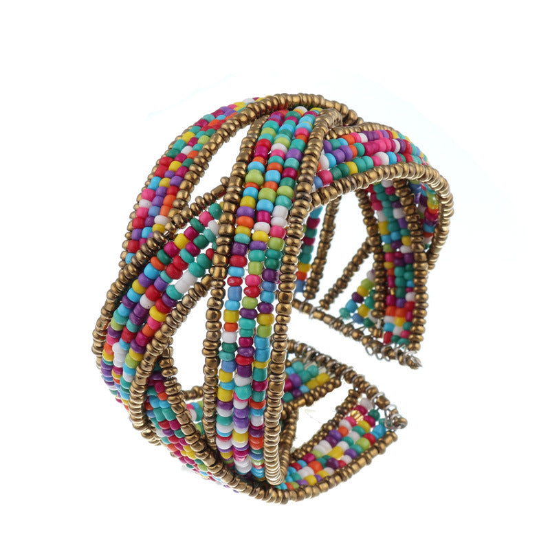 Criss Crossed Beaded Cuff Bracelet-Purple/White-Theone Apparel