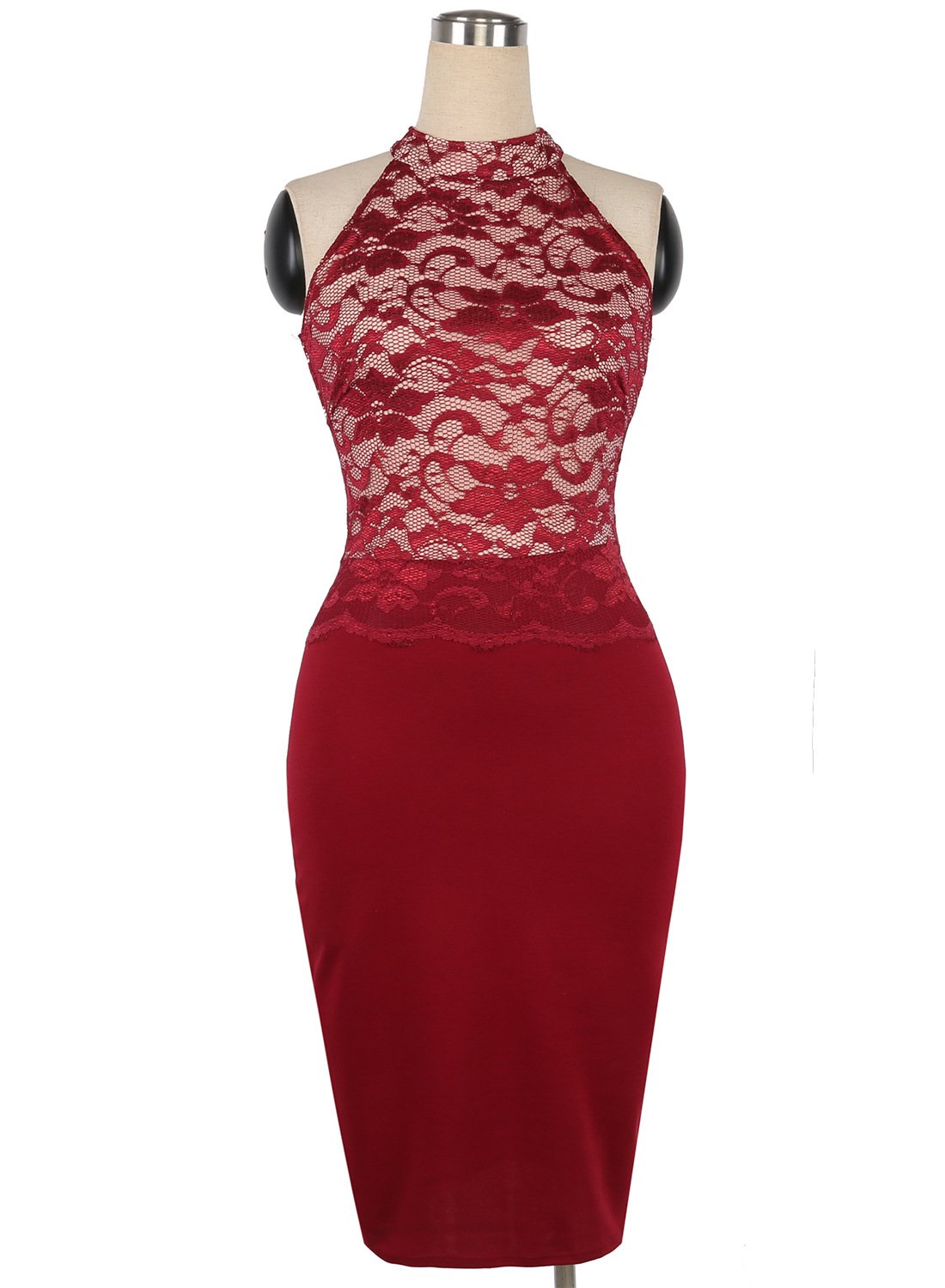 Lace Bodice Fitted Halter Dress