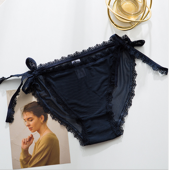 Elegant lace Briefs Underwear with Bow Tie Hips-Dark Blue-Theone Apparel